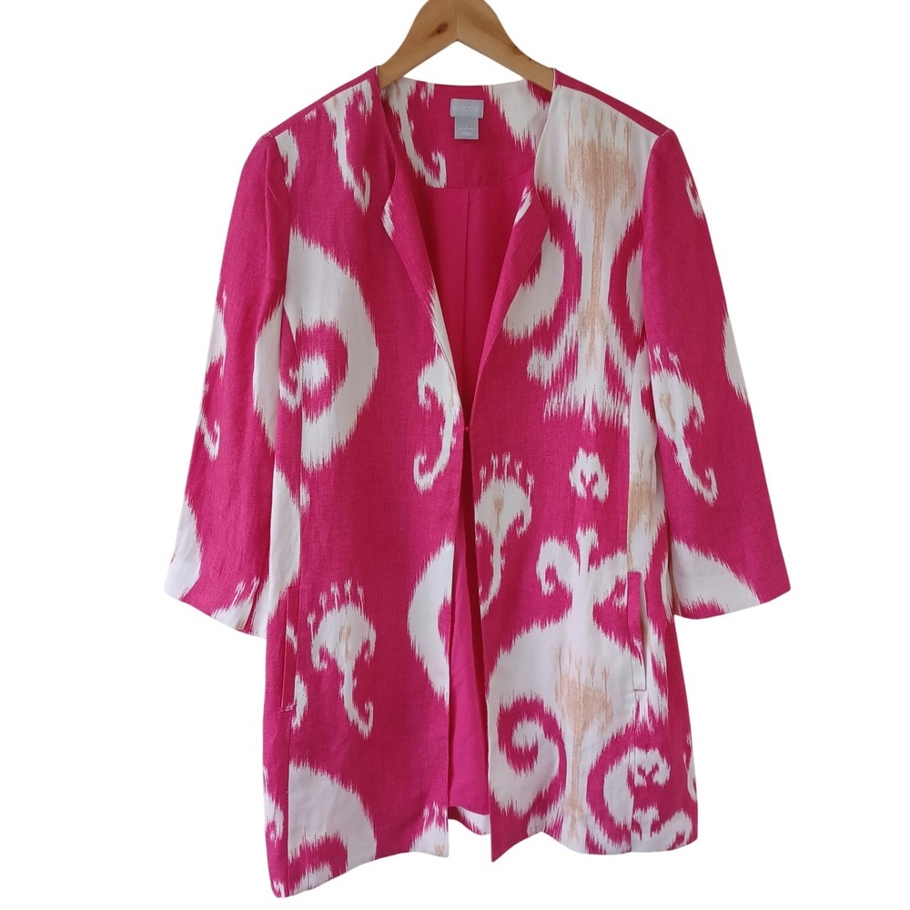 Chicos Pink Ikat Print Lyocell Linen Blend‎ Open Front Topper Jacket Size 1 8/10